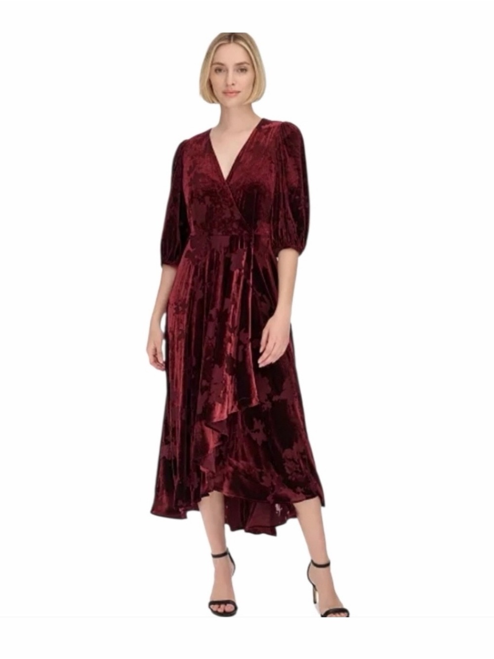 Calvin Klein Burgundy Velvet High-Low Wrap Dress Like New Semi Formal Cocktail
